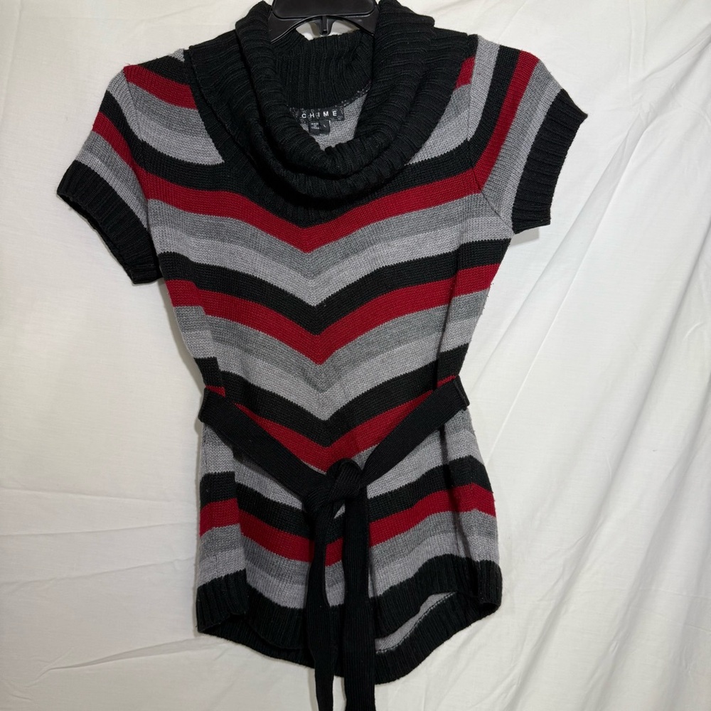 Y2K CHIME Chic Striped Cowl Neck Sweater - Black, Gray, and Red Size L Juniors